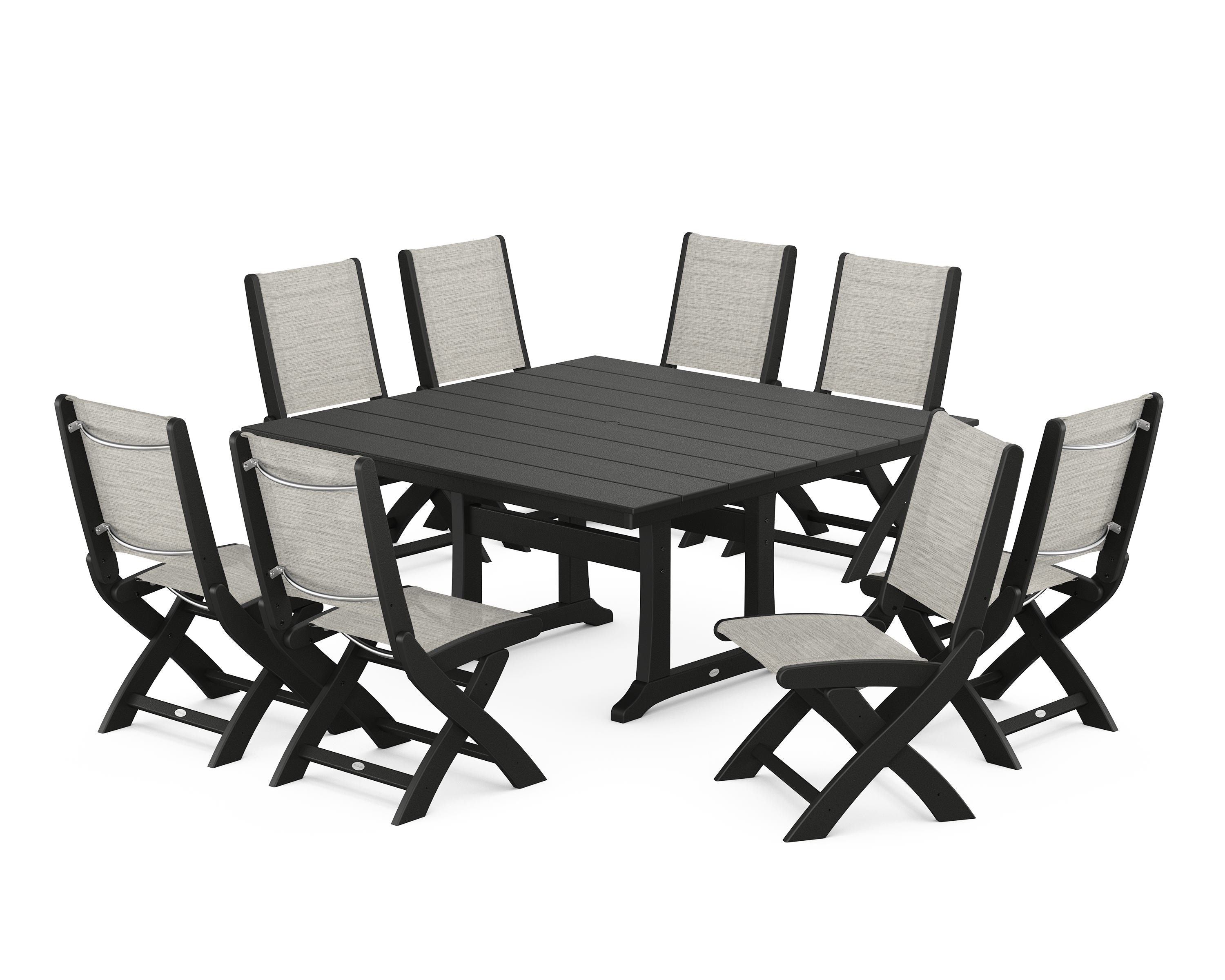 POLYWOOD® Coastal Folding Side Chair 9-Piece Farmhouse Dining Set in Black / Birch Sling