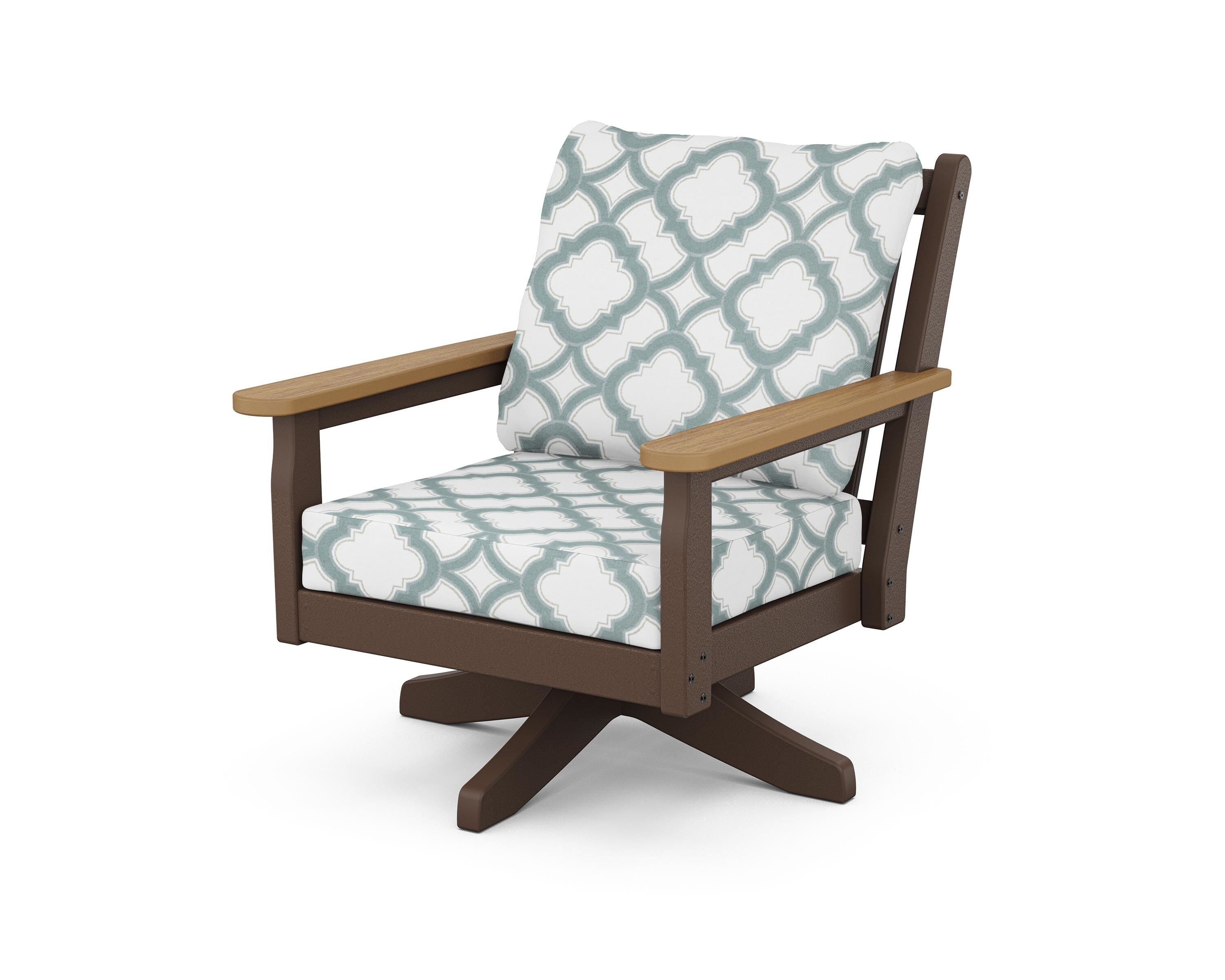 POLYWOOD® Chippendale Deep Seating Swivel Chair in Mahogany / Natural / Trellis Glacier Spa