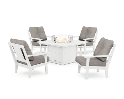 POLYWOOD® Prairie 5-Piece Deep Seating Set with Fire Pit Table in White / Weathered Tweed