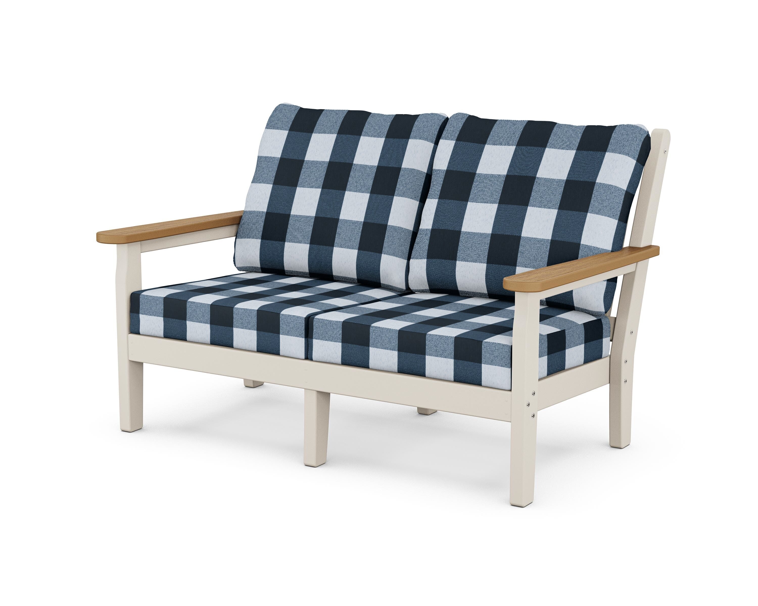 POLYWOOD® Chippendale Deep Seating Loveseat in Sand / Natural / Buffalo Plaid Marine Indigo