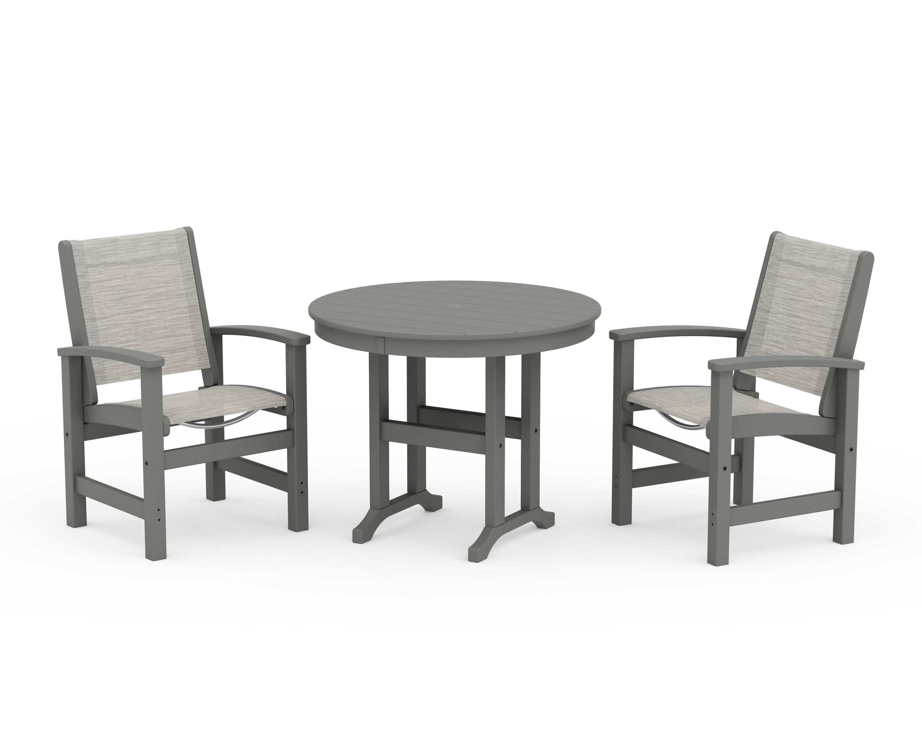 POLYWOOD® Coastal 3-Piece Round Dining Set in Slate Grey / Birch Sling
