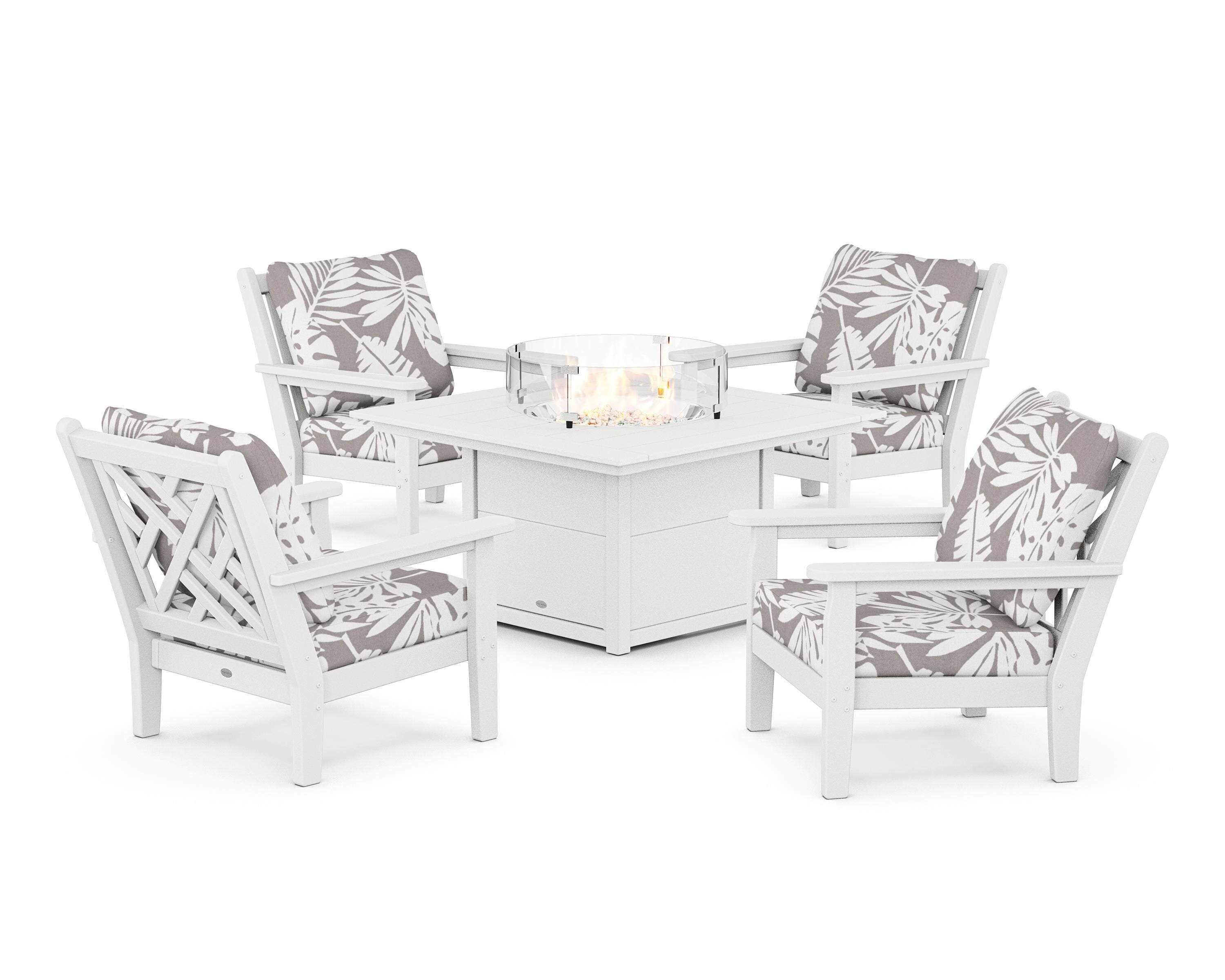 POLYWOOD® Chippendale 5-Piece Deep Seating Set with Fire Pit Table in White / Leaf Grey Mist