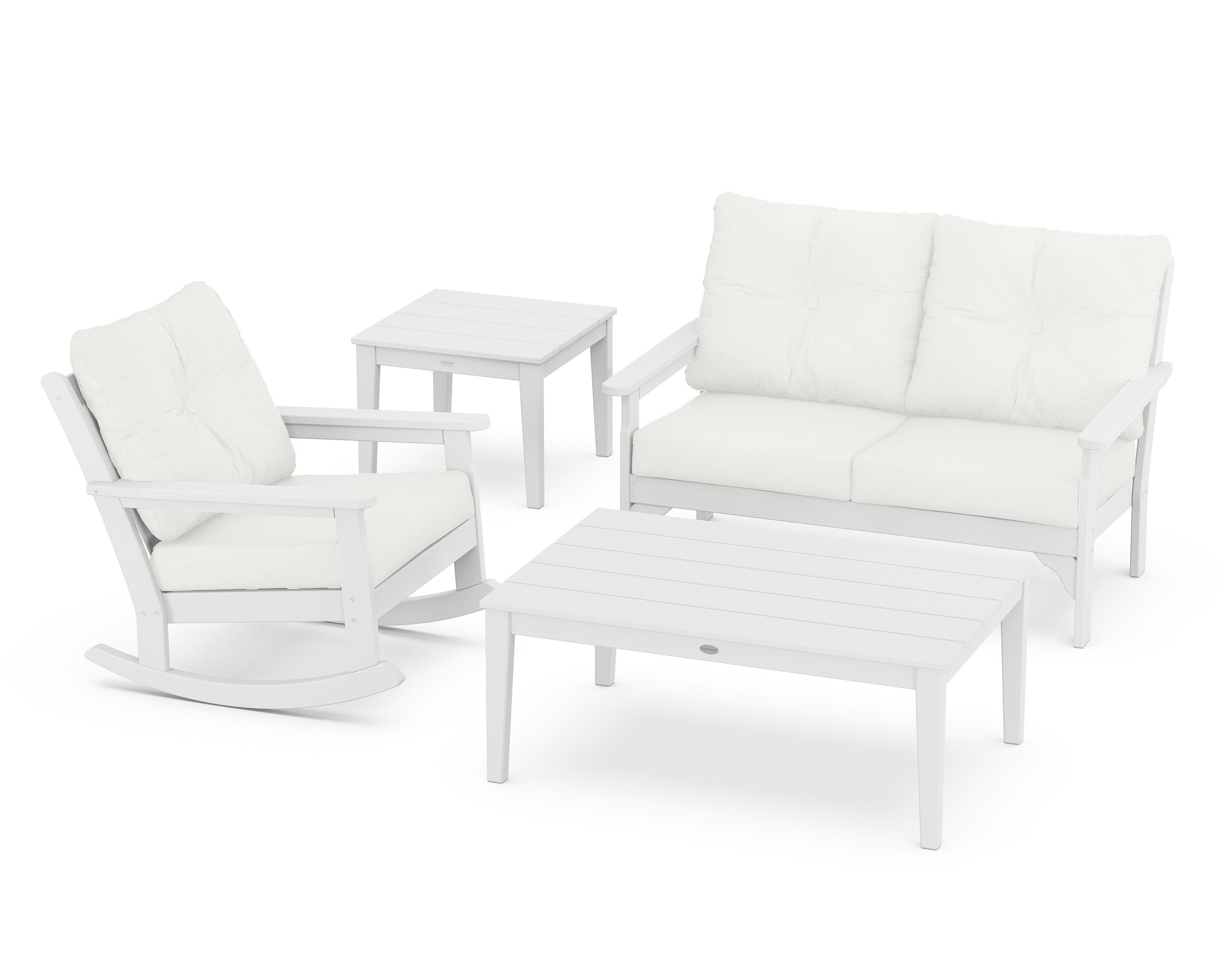 POLYWOOD® Vineyard 4-Piece Deep Seating Rocker Set in White / Natural Linen