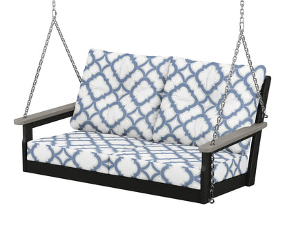 POLYWOOD® Vineyard Deep Seating Swing in Black / Driftwood / Trellis Sky Blue