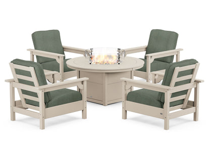 POLYWOOD® Club 5-Piece Conversation Set with Fire Pit Table in Sand / Cast Sage