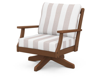 POLYWOOD® Braxton Deep Seating Swivel Chair in Teak / Cabana Stripe Dune Burlap