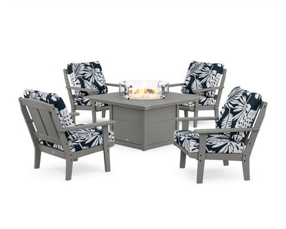 POLYWOOD® Mission 5-Piece Deep Seating Set with Fire Pit Table in Slate Grey / Leaf Marine Indigo