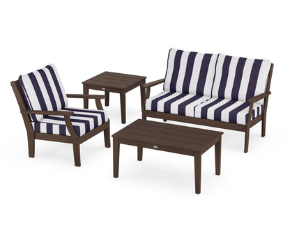 POLYWOOD® Braxton 4-Piece Deep Seating Set in Mahogany / Cabana Stripe Navy