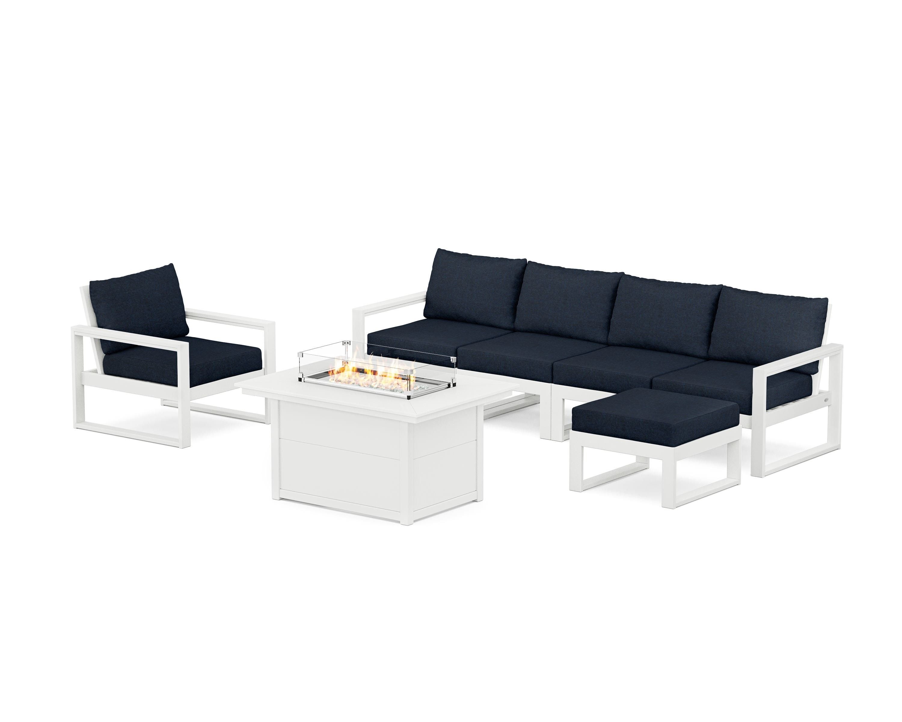 POLYWOOD® EDGE Sectional Lounge and Fire Pit Set in White / Marine Indigo