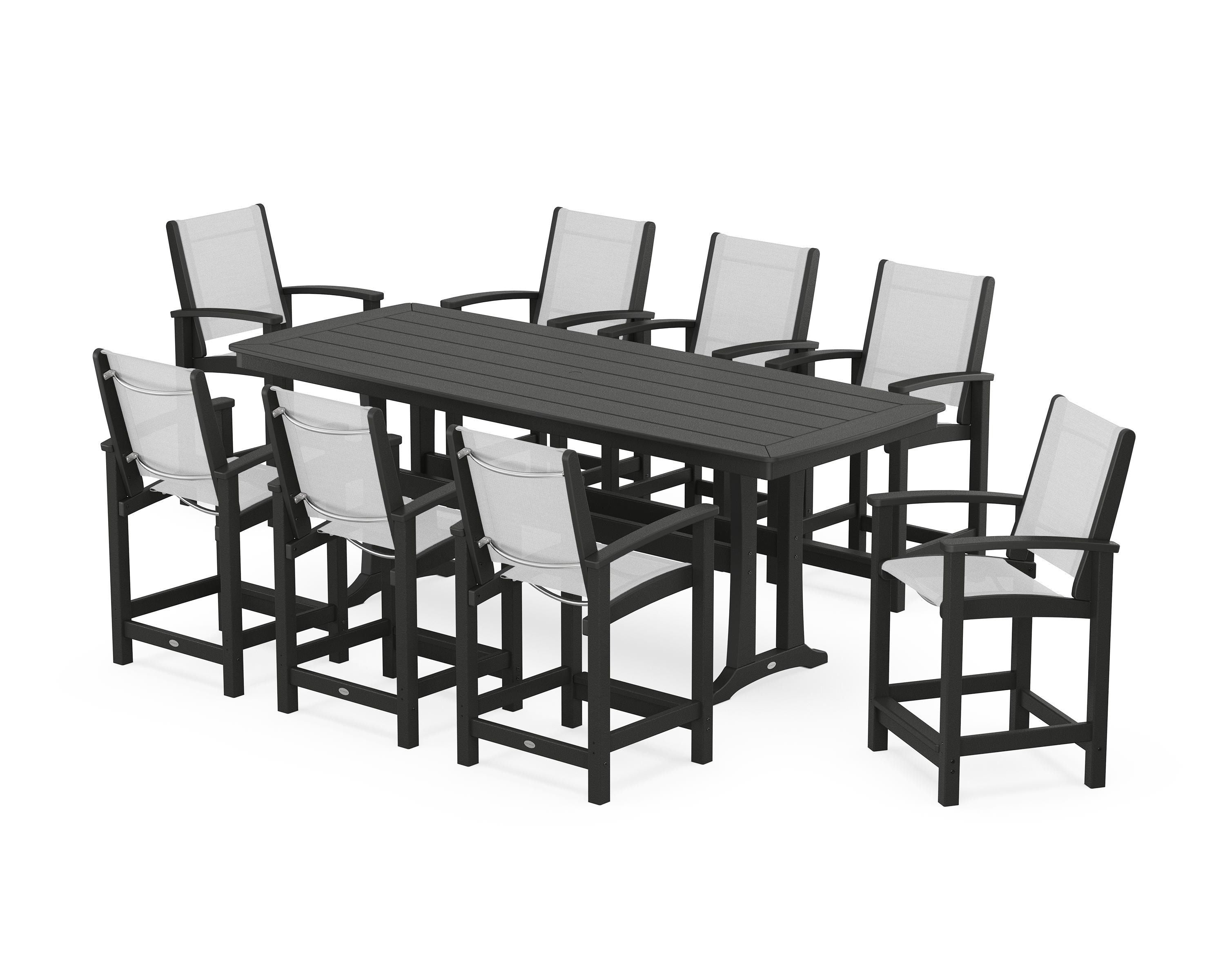 POLYWOOD® Coastal 9-Piece Counter Set with Trestle Legs in Black / White Sling