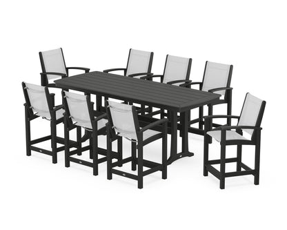 POLYWOOD® Coastal 9-Piece Counter Set with Trestle Legs in Black / White Sling