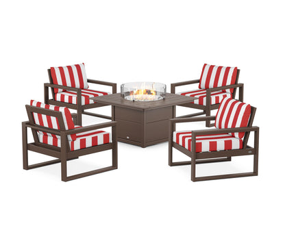 POLYWOOD® EDGE Sectional 5-Piece Deep Seating Set with Fire Pit Table in Mahogany / Cabana Stripe Crimson