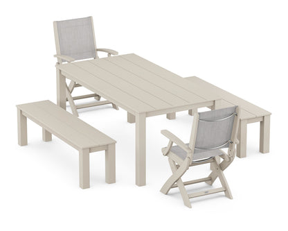 POLYWOOD® Coastal Folding Chair 5-Piece Parsons Dining Set with Benches in Sand / Parchment Sling