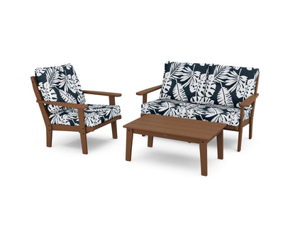 POLYWOOD® Lakeside 3-Piece Deep Seating Set in Teak / Leaf Marine Indigo