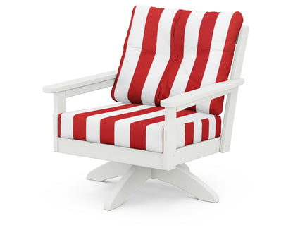 POLYWOOD® Vineyard Deep Seating Swivel Chair in Vintage White / Cabana Stripe Crimson