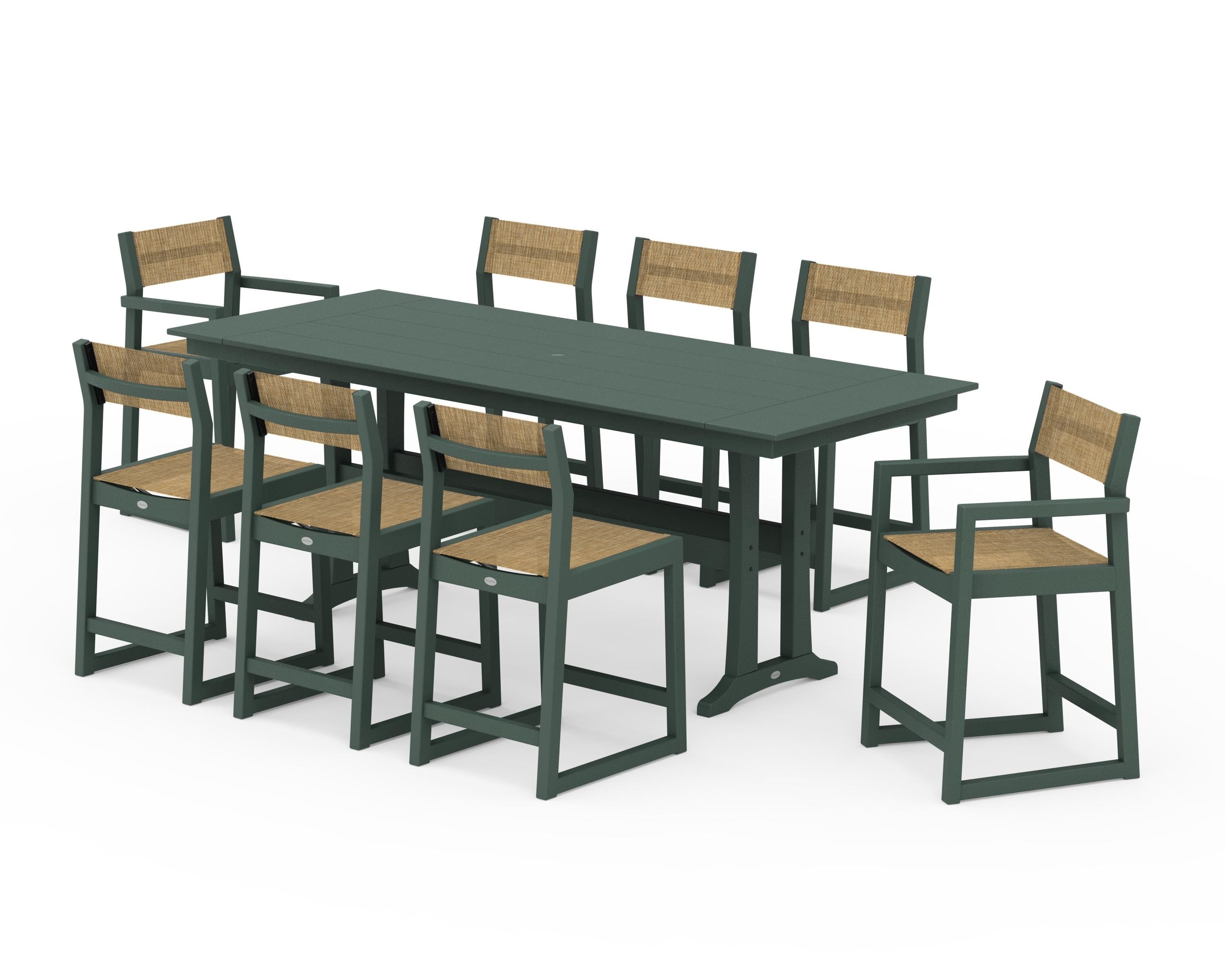 POLYWOOD® EDGE Sling 9-Piece Farmhouse Counter Set with Trestle Legs in Green / Burlap Sling