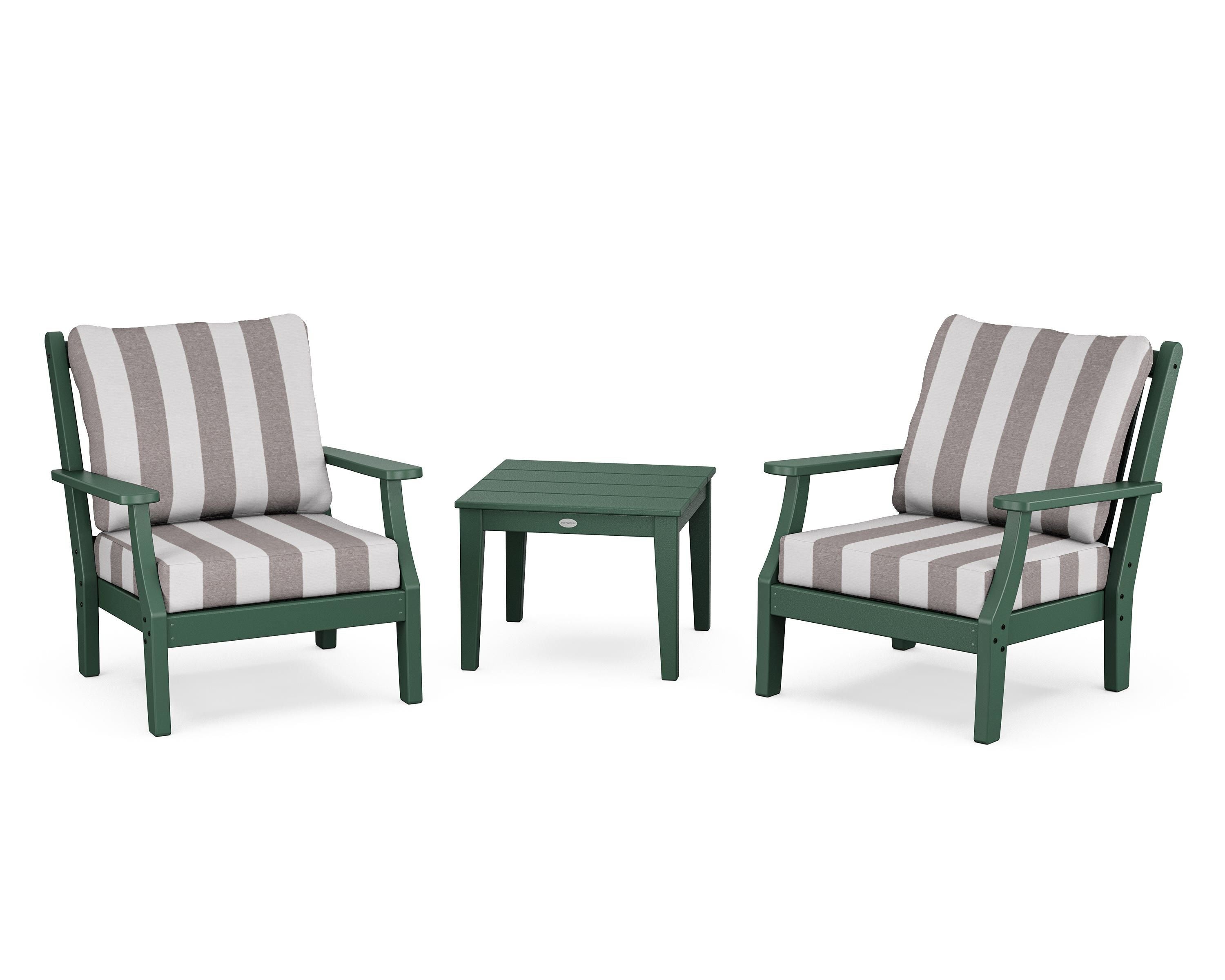 Country Living Wovendale 3-Piece Deep Seating Set in Green / Cabana Stripe Grey Mist