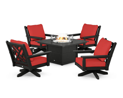 POLYWOOD® Chippendale 5-Piece Deep Seating Swivel Conversation Set with Fire Pit Table in Black / Crimson Linen