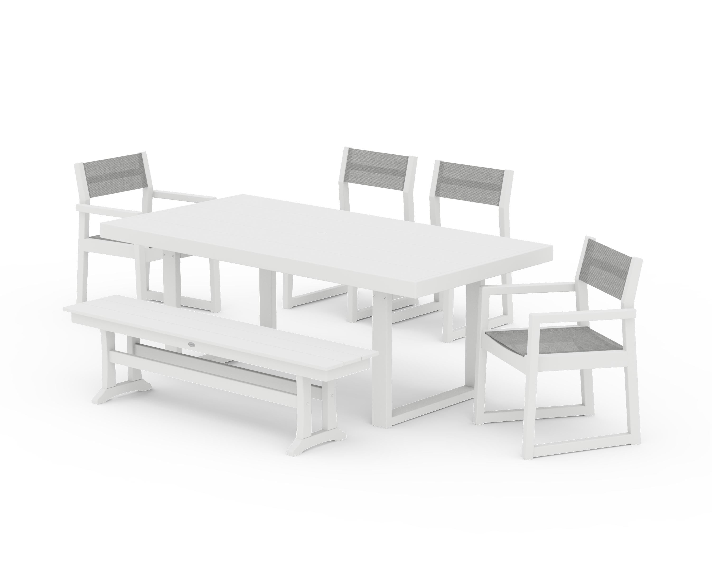 POLYWOOD® EDGE Sling 6-Piece Dining Set with Bench in White / Metallic Sling
