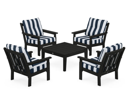 POLYWOOD® Vineyard 5-Piece Deep Seating Conversation Set in Black / Cabana Stripe Marine Indigo