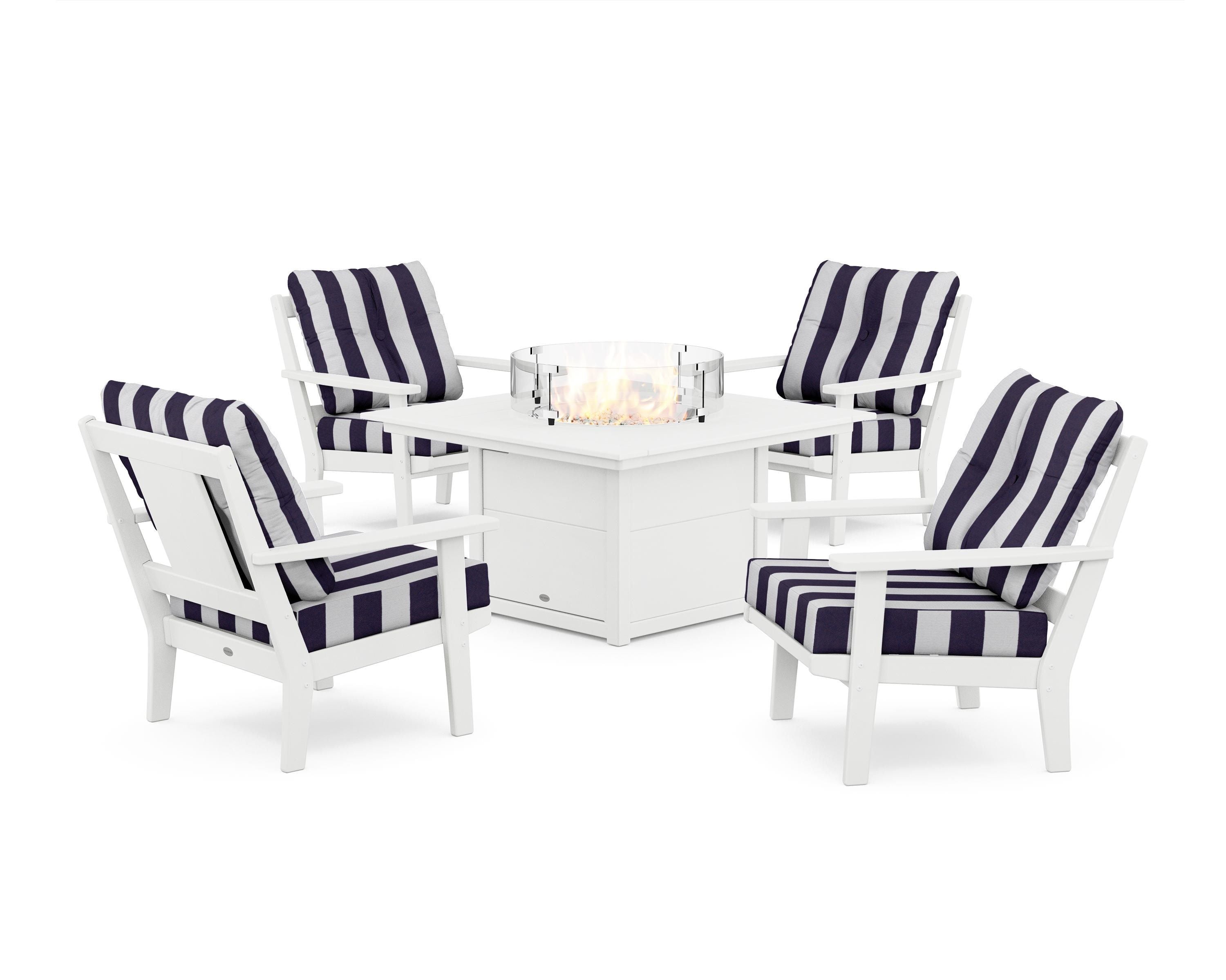 POLYWOOD® Prairie 5-Piece Deep Seating Set with Fire Pit Table in White / Cabana Stripe Navy