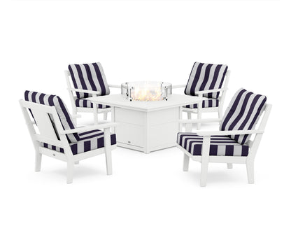 POLYWOOD® Prairie 5-Piece Deep Seating Set with Fire Pit Table in White / Cabana Stripe Navy