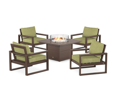 POLYWOOD® EDGE Sectional 5-Piece Deep Seating Set with Fire Pit Table in Mahogany / Chartreuse Boucle