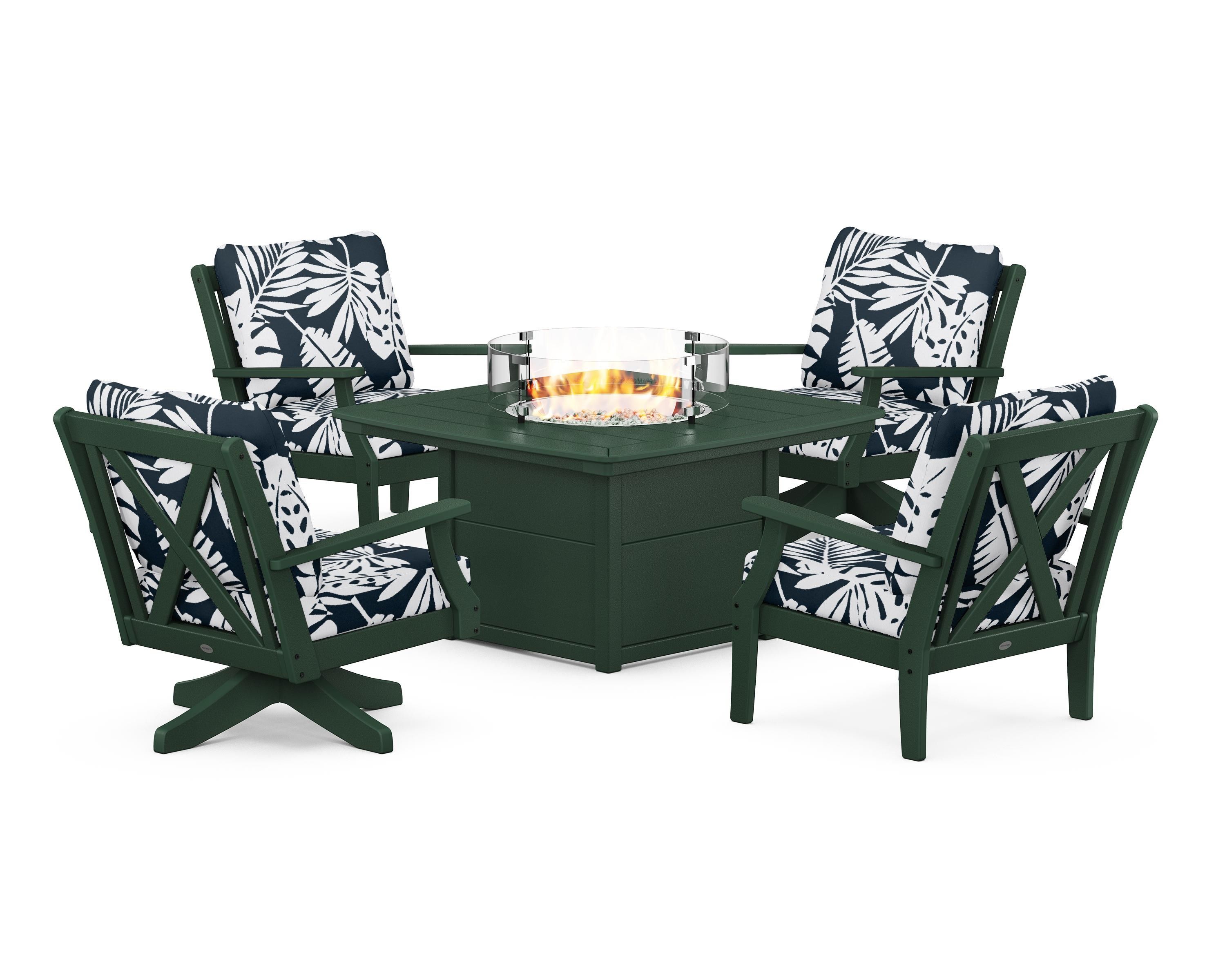POLYWOOD® Braxton 5-Piece Deep Seating Set with Fire Table in Green / Leaf Marine Indigo