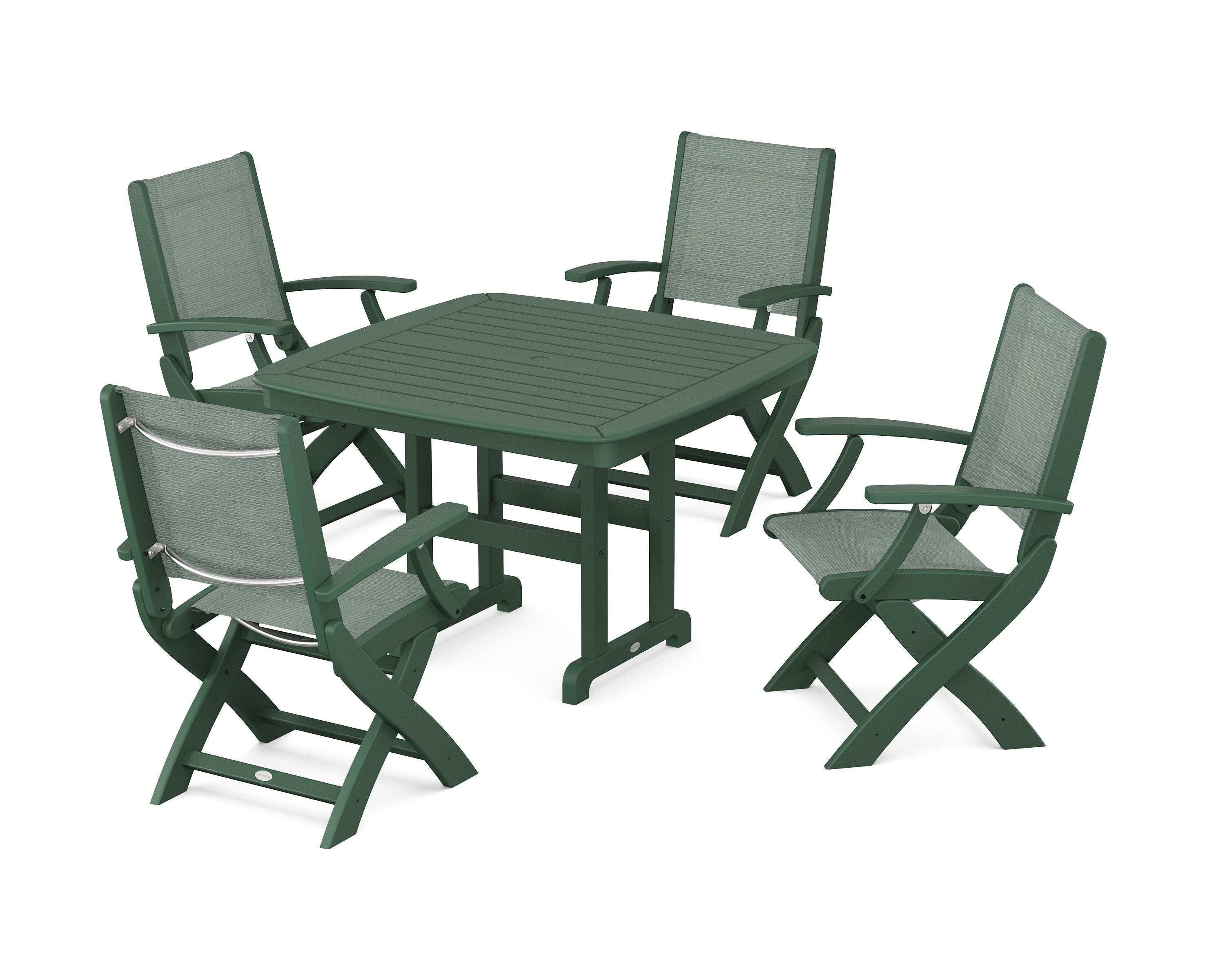 POLYWOOD® Coastal Folding Chair 5-Piece Dining Set in Green / Dupioni Sea Mist Sling