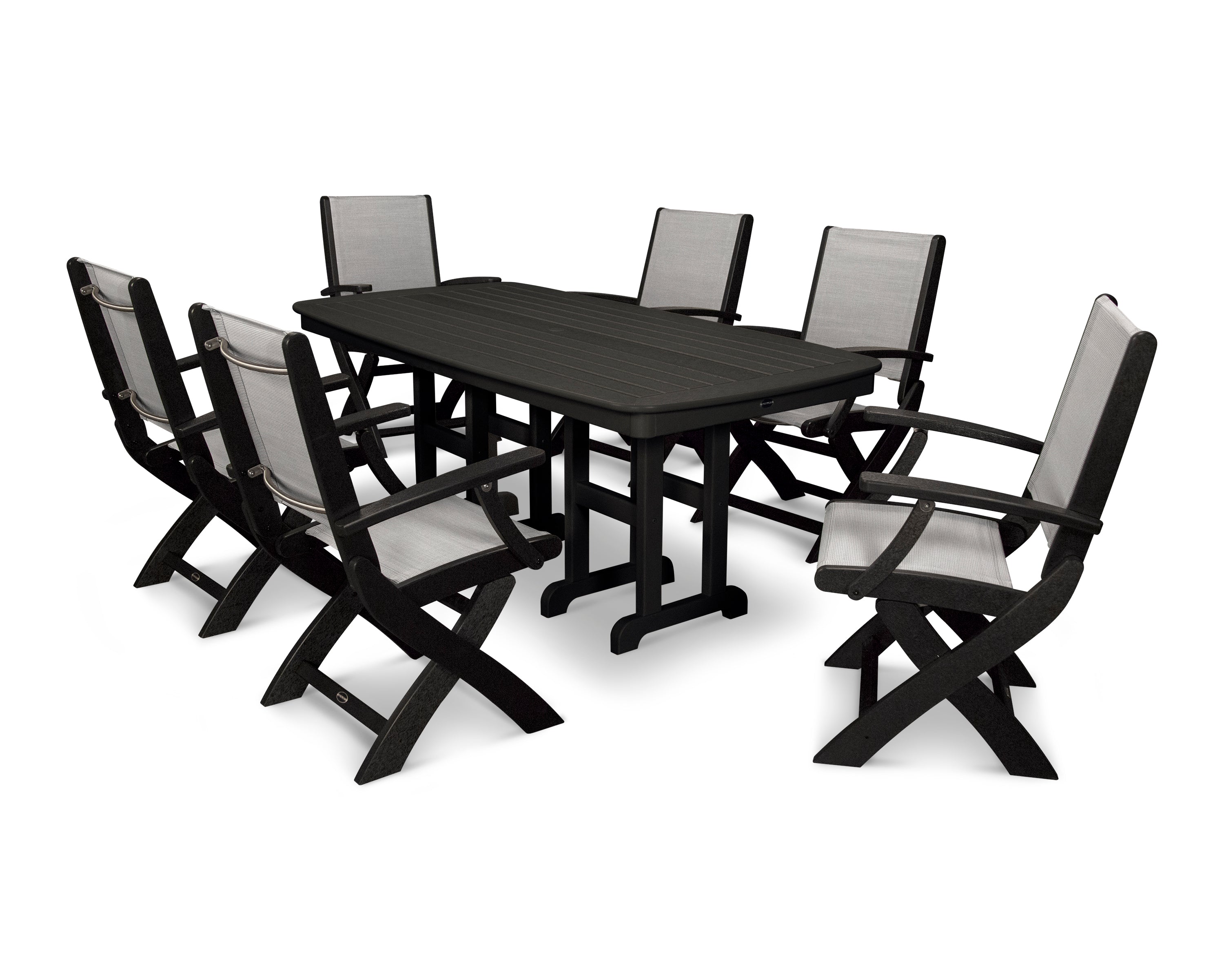 POLYWOOD® Coastal Folding Arm Chair 7-Piece Dining Set in Black / Metallic Sling