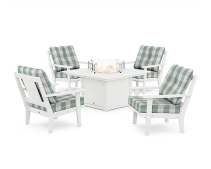 POLYWOOD® Prairie 5-Piece Deep Seating Set with Fire Pit Table in White / Buffalo Plaid Glacier Spa