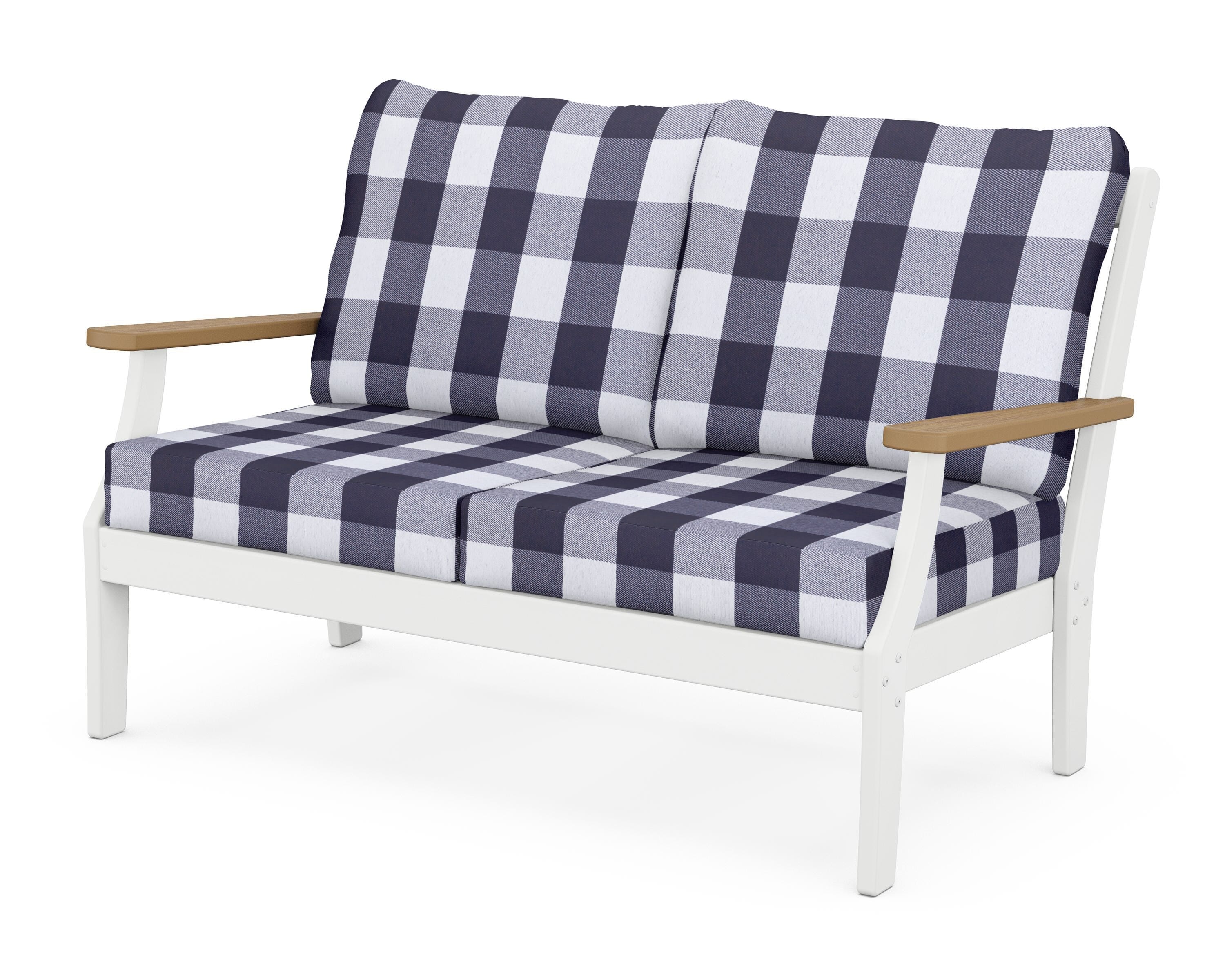 POLYWOOD® Braxton Deep Seating Loveseat in White / Natural / Buffalo Plaid Navy