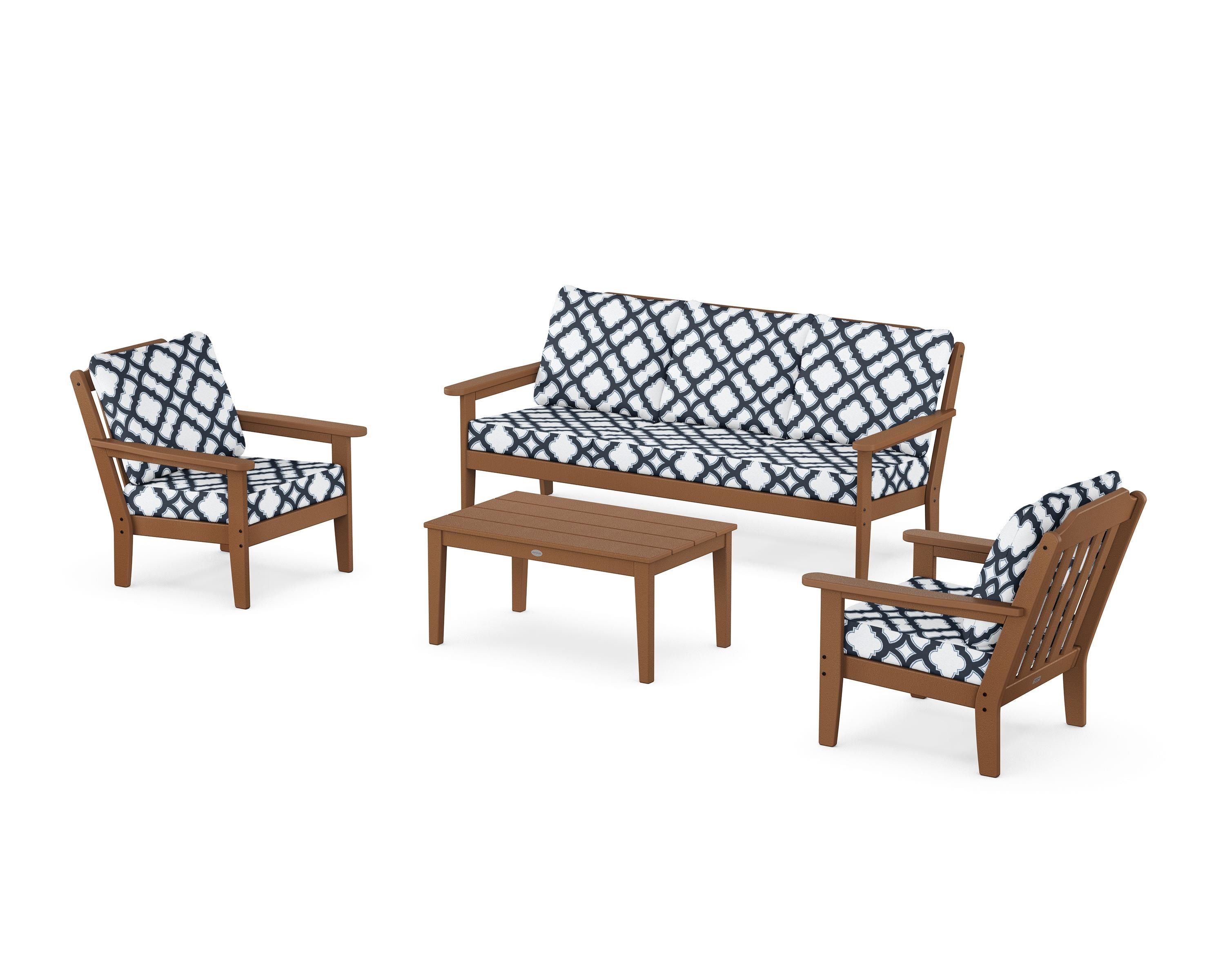 Country Living Cottage 4-Piece Deep Seating Set with Sofa in Teak / Trellis Marine Indigo