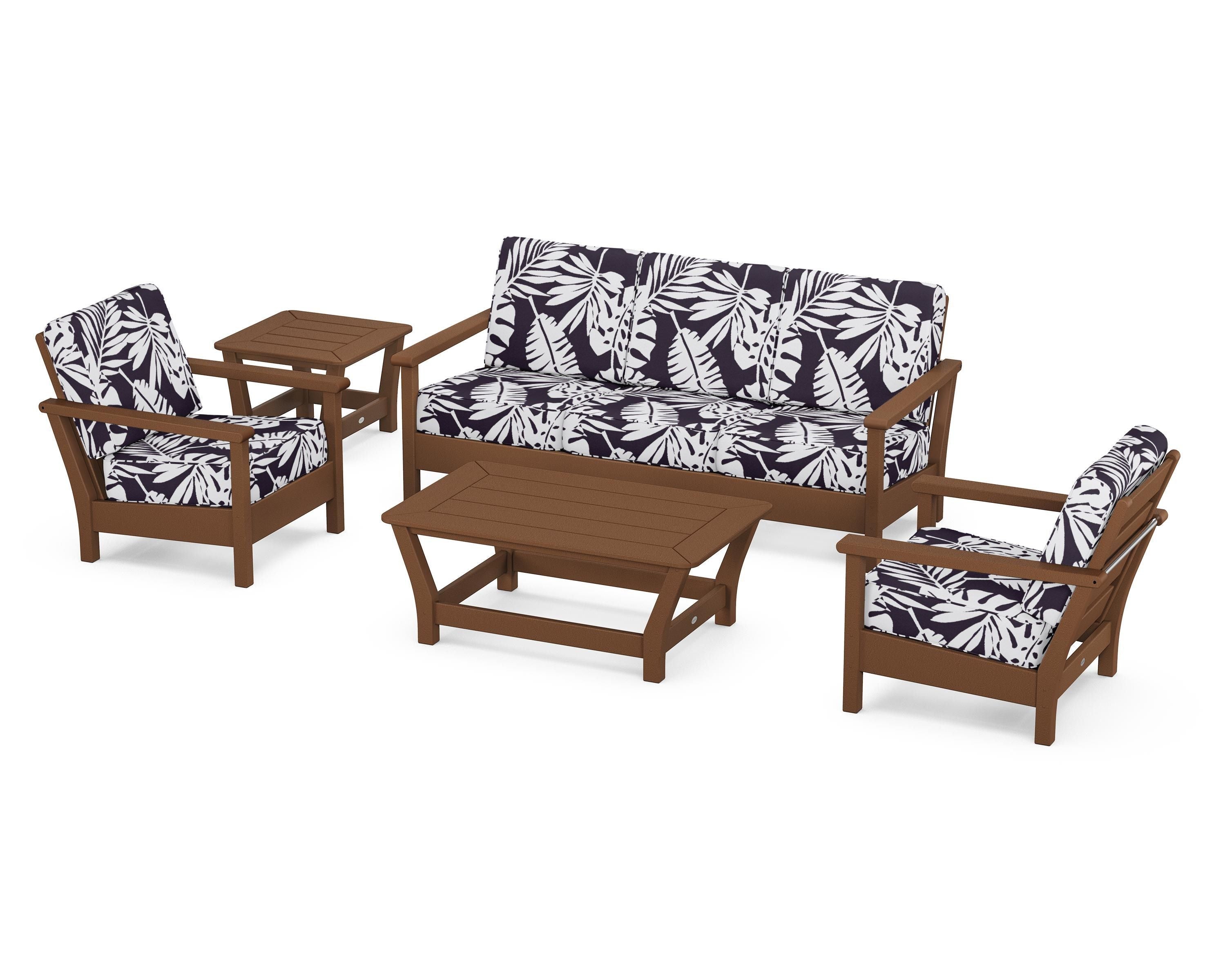 POLYWOOD® Harbour 5-Piece Deep Seating Set in Teak / Leaf Navy