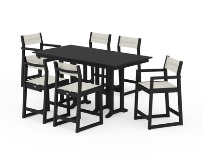 POLYWOOD® EDGE Sling 7-Piece Farmhouse Counter Set with Trestle Legs in Black / Parchment Sling