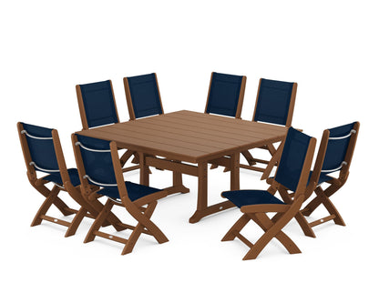 POLYWOOD® Coastal Folding Side Chair 9-Piece Farmhouse Dining Set in Teak / Navy Blue Sling