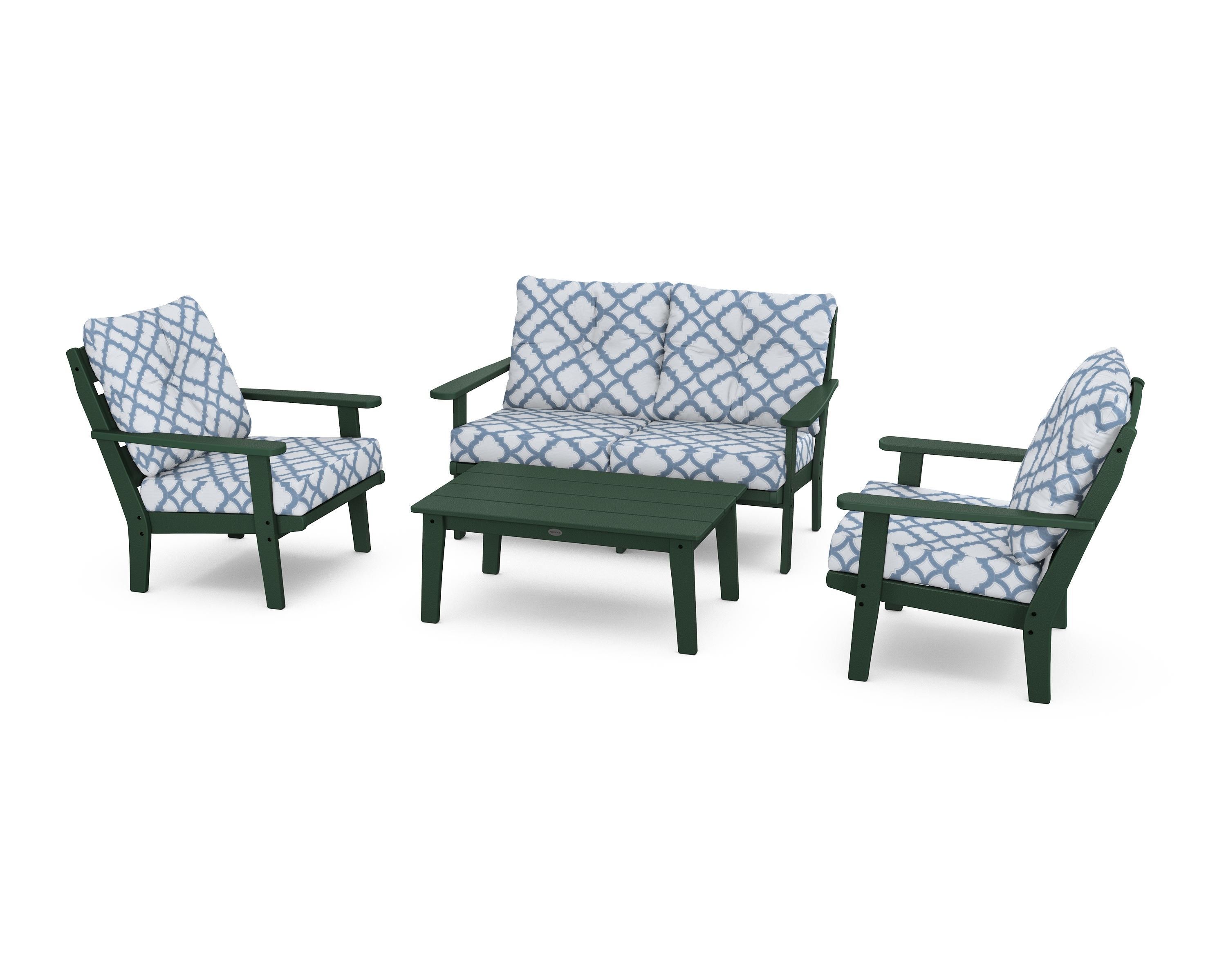 POLYWOOD® Lakeside 4-Piece Deep Seating Set in Green / Trellis Sky Blue
