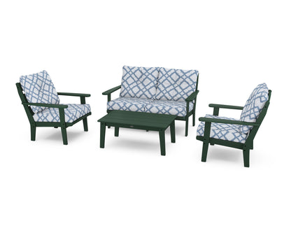 POLYWOOD® Lakeside 4-Piece Deep Seating Set in Green / Trellis Sky Blue
