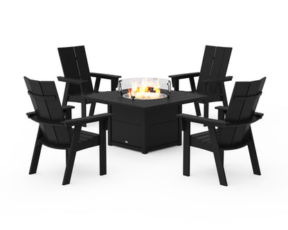 POLYWOOD® Modern 4-Piece Curveback Upright Adirondack Conversation Set with Fire Pit Table in Black