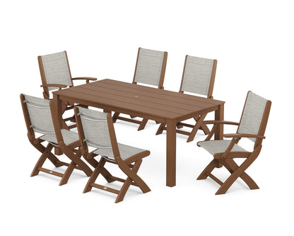 POLYWOOD® Coastal Folding Chair 7-Piece Parsons Dining Set in Teak / Birch Sling