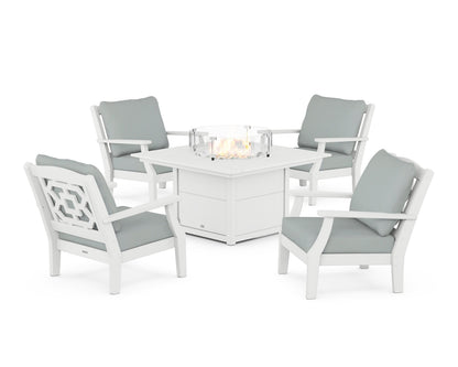 Martha Stewart by POLYWOOD® Chinoiserie 5-Piece Deep Seating Set with Fire Pit Table in White / Spa