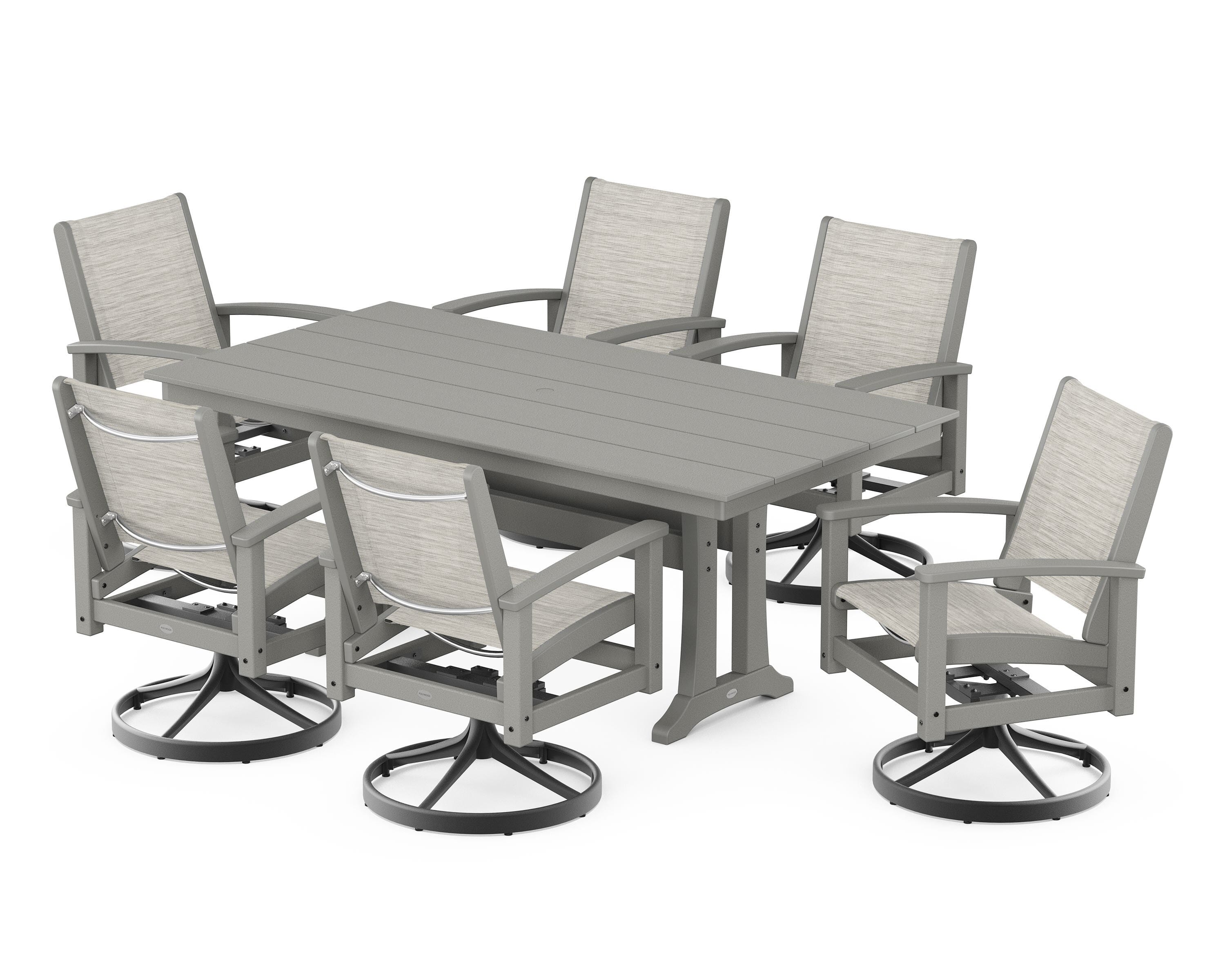 POLYWOOD® 7 Piece Coastal Swivel Rocker Dining Set in Textured Black / Slate Grey / Birch Sling