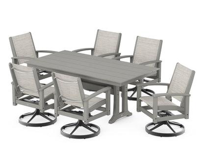 POLYWOOD® 7 Piece Coastal Swivel Rocker Dining Set in Textured Black / Slate Grey / Birch Sling