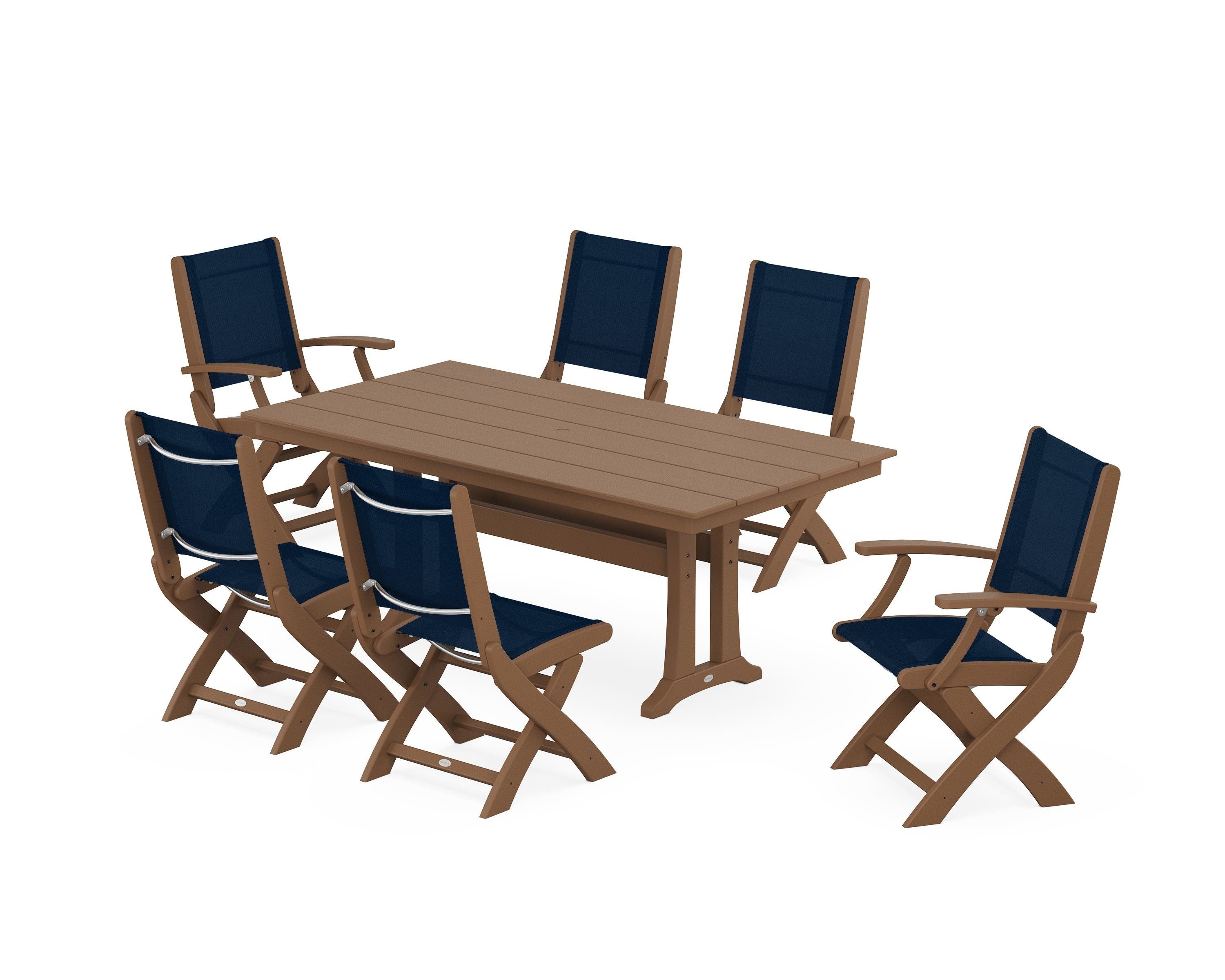 POLYWOOD® Coastal Folding Chair 7-Piece Farmhouse Dining Set with Trestle Legs in Teak / Navy Blue Sling