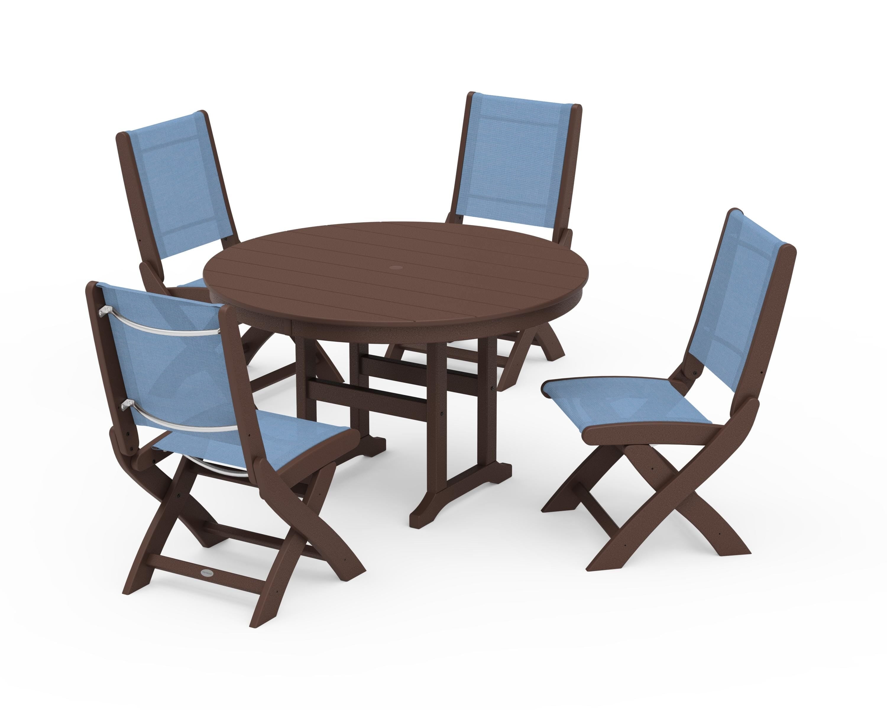 POLYWOOD® Coastal Folding Side Chair 5-Piece Round Dining Set in Mahogany / Poolside Sling