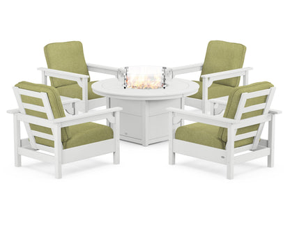 POLYWOOD® Club 5-Piece Conversation Set with Fire Pit Table in White / Chartreuse Boucle
