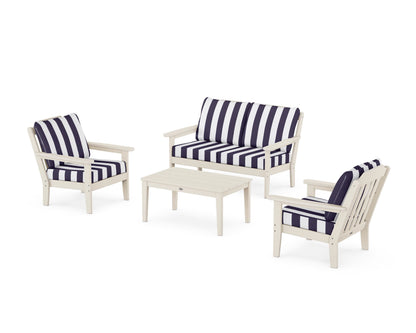 Country Living Cottage 4-Piece Deep Seating Set with Loveseat in Sand / Cabana Stripe Navy
