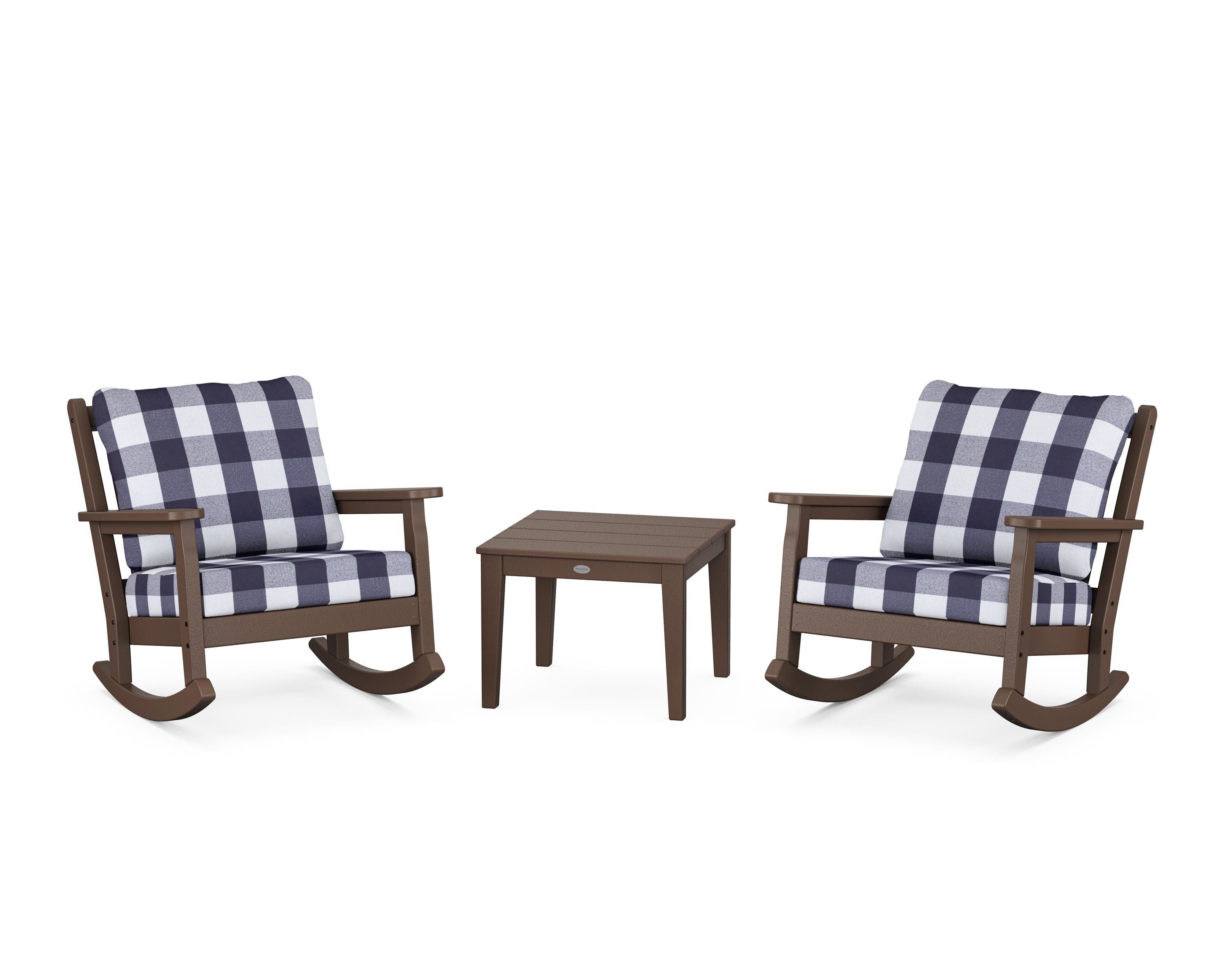 POLYWOOD® Chippendale 3-Piece Deep Seating Rocker Set in Mahogany / Buffalo Plaid Navy