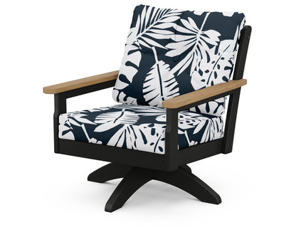 POLYWOOD® Vineyard Deep Seating Swivel Chair in Black / Natural / Leaf Marine Indigo