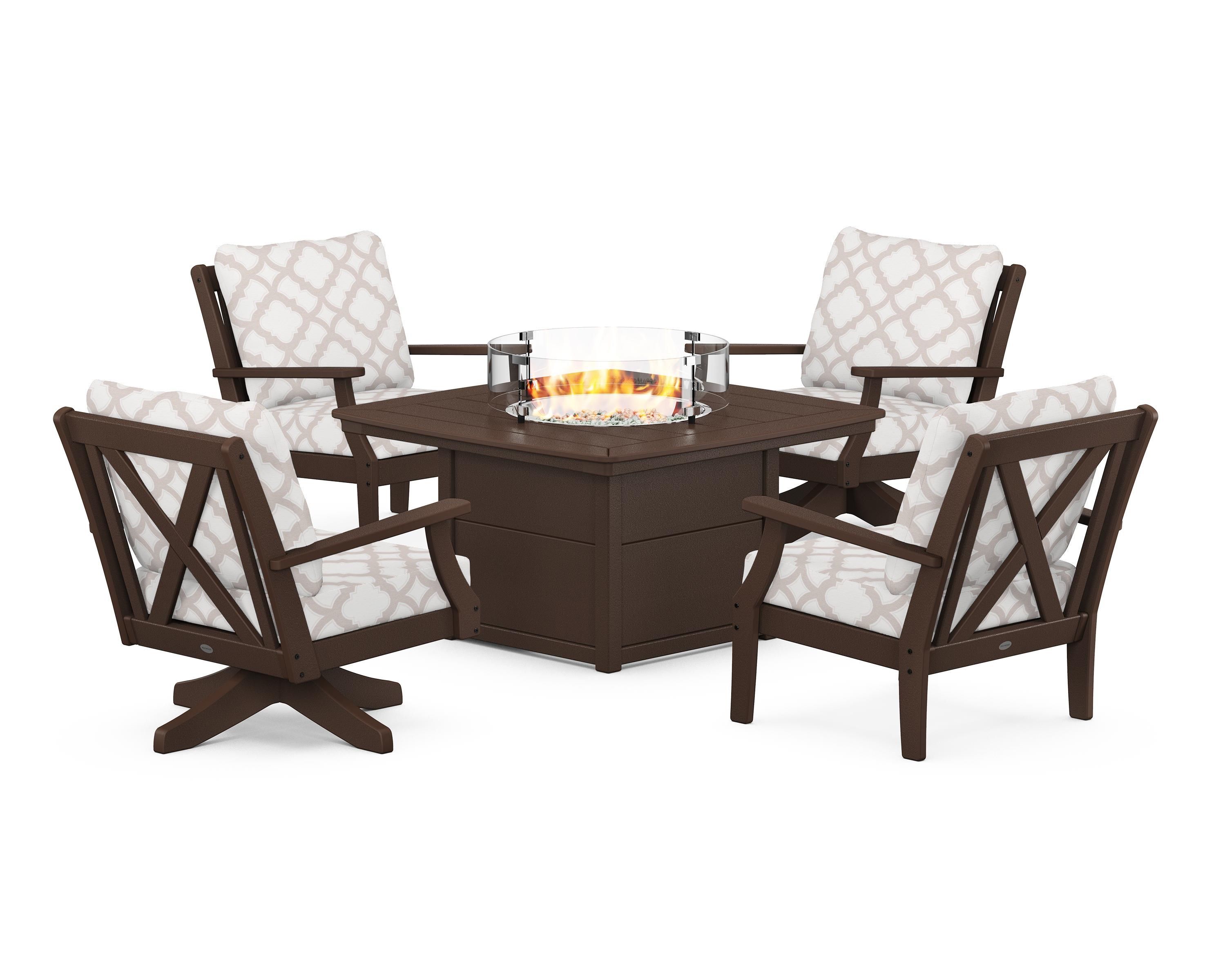 POLYWOOD® Braxton 5-Piece Deep Seating Set with Fire Table in Mahogany / Trellis Dune Burlap